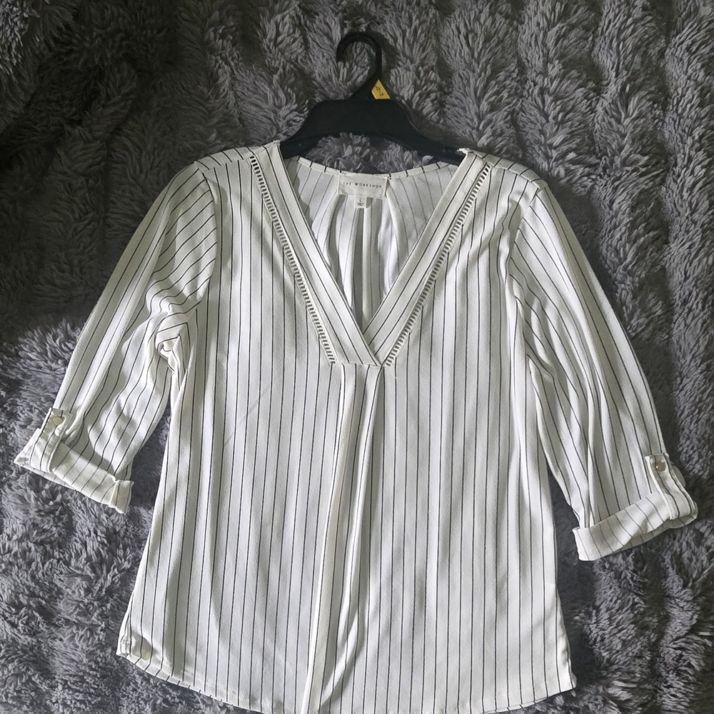 Workshop Republic Clothing White Blouse with Black Pinstripes